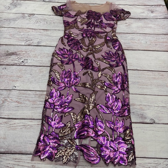 Marchesa Notte Lotus Sequin Tulle Sheath Dress In Purple Mauve Size 4 - Picture 2 of 9